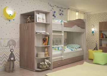 Детская 2-х ярусная кровать Мая на щитах со шкафом и ящиками, корпус Шимо светлый, фасад Шимо темный в Якутске