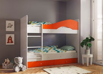 Детская двухъярусная кровать Мая с 2 ящиками на щитах, корпус Млечный дуб, фасад Оранжевый в Якутске