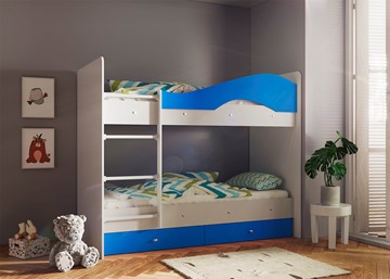 Детская 2-х ярусная кровать Мая с 2 ящиками на щитах, корпус Млечный дуб, фасад Синий в Якутске