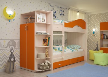 Детская двухэтажная кровать Мая на щитах со шкафом и ящиками, корпус Млечный дуб, фасад Оранжевый в Якутске