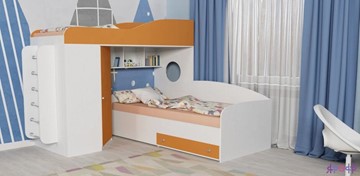 Детская кровать-шкаф Кадет-2 с металлической лестницей, корпус Белое дерево, фасад Оранжевый в Якутске