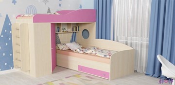 Детская кровать-шкаф Кадет-2 с металлической лестницей, корпус Дуб, фасад Розовый в Якутске