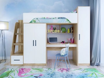 Кровать-чердак в детскую с шкафом Тея, каркас Ясень, фасад Белый в Якутске