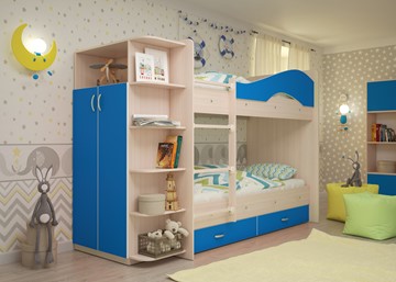 Детская 2-этажная кровать Мая на щитах со шкафом и ящиками, корпус Млечный дуб, фасад Синий в Якутске