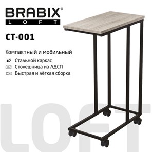 Стол журнальный BRABIX "LOFT CT-001", 450х250х680 мм, на колёсах, металлический каркас, цвет дуб антик, 641860 в Якутске