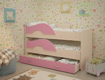 Детская двухэтажная кровать Радуга 1.6 с ящиком, корпус Млечный дуб, фасад Розовый в Якутске
