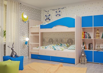 Детская 2-этажная кровать Мая на щитах со шкафом и ящиками, корпус Млечный дуб, фасад Синий в Якутске - предосмотр 2