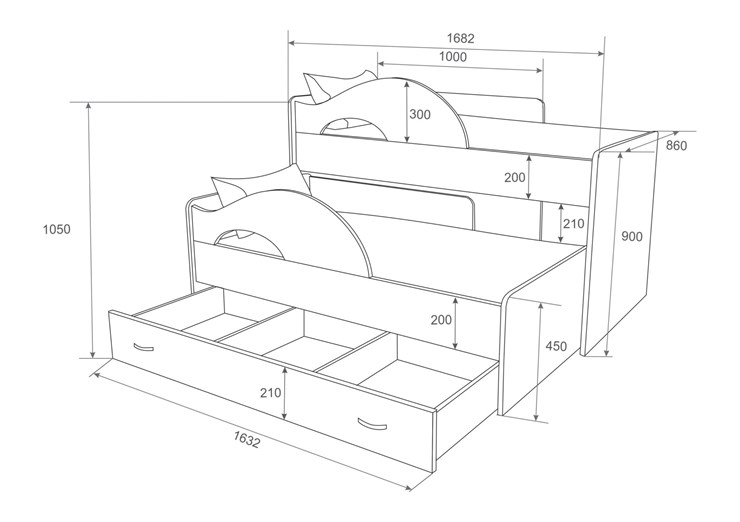 Кровать двухъярусная Радуга 1.6 с ящиком, корпус Шимо светлый, фасад Шимо темный в Якутске - изображение 1
