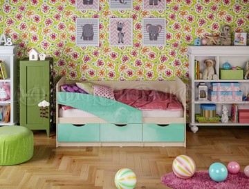 Детская кровать Бабочки 800*1600, Бирюза глянец в Якутске