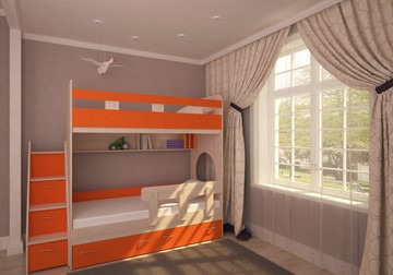 Детская 2-этажная кровать Юниор-1 с бортом, каркас Дуб, фасад Оранжевый в Якутске