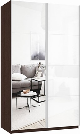 Шкаф 2-дверный Прайм (Зеркало/Белое стекло) 1400x570x2300, венге в Якутске - изображение