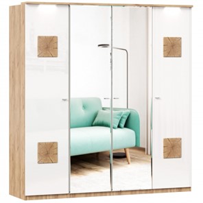 4-створчатый шкаф Фиджи с 2 зеркалами и декоративными накладками, Дуб золотой/Белый в Якутске